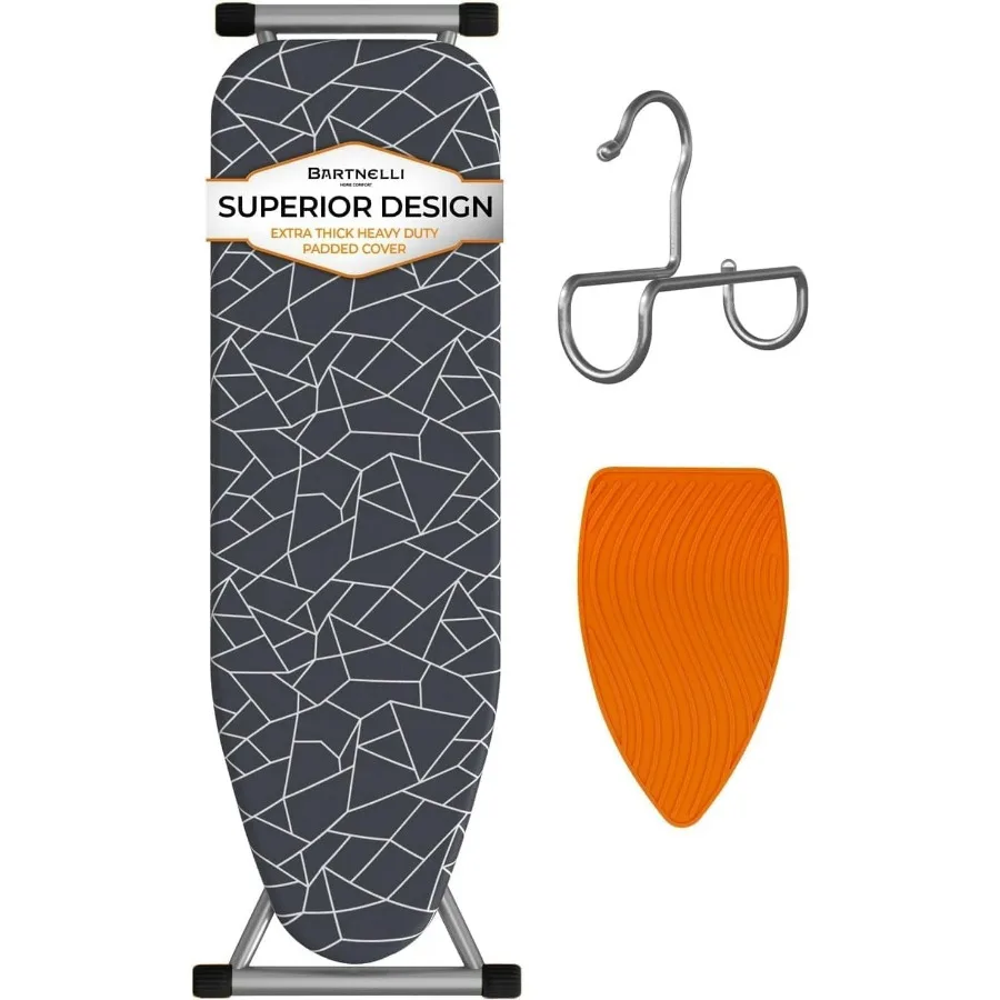

Compact Ironing Board 13x43 Iron Surface Patent Folding System with Adjustable Height, 4 Layered Cover and Pad, Hanger, Iron Mat
