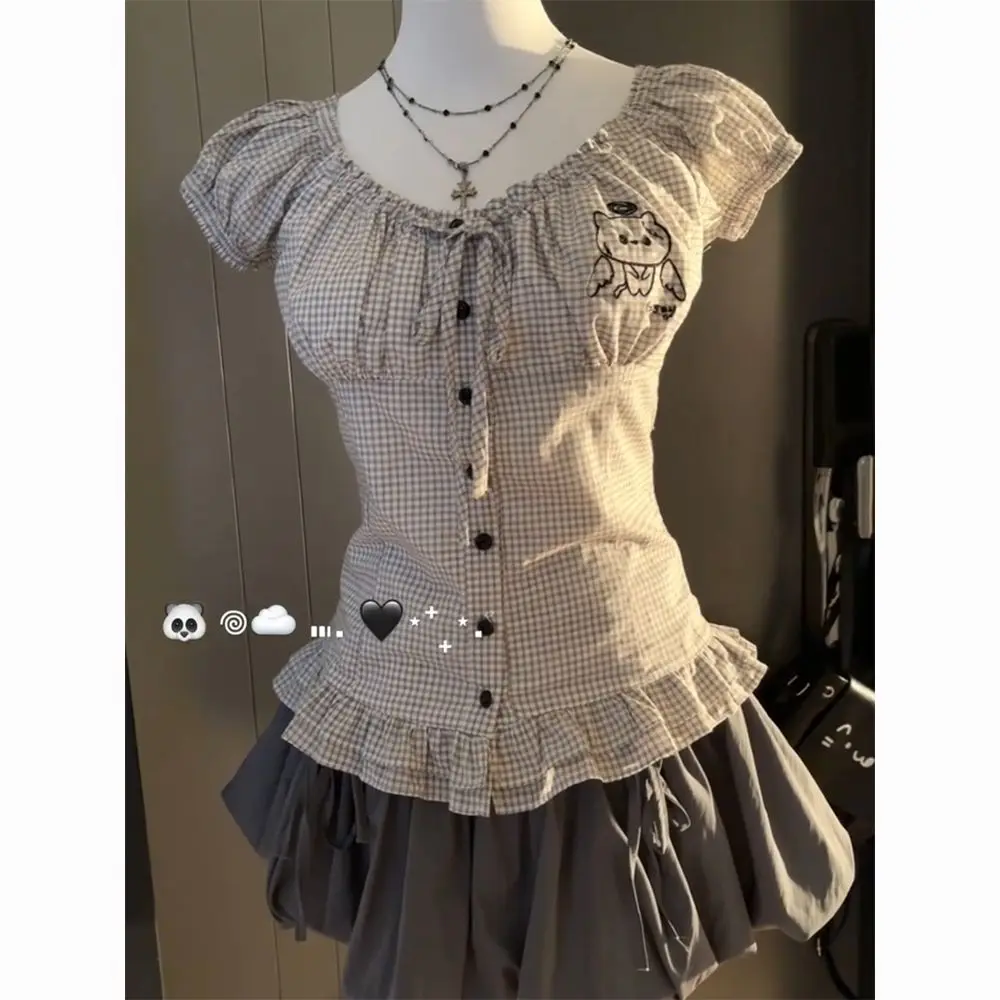 خمر لوليتا 2 قطعة مجموعة المرأة الصيف تصميم Kawaii سليم منقوشة قصيرة الأكمام Y2k القمم الرجعية عالية الخصر التجاعيد البتلة تنورة صغيرة