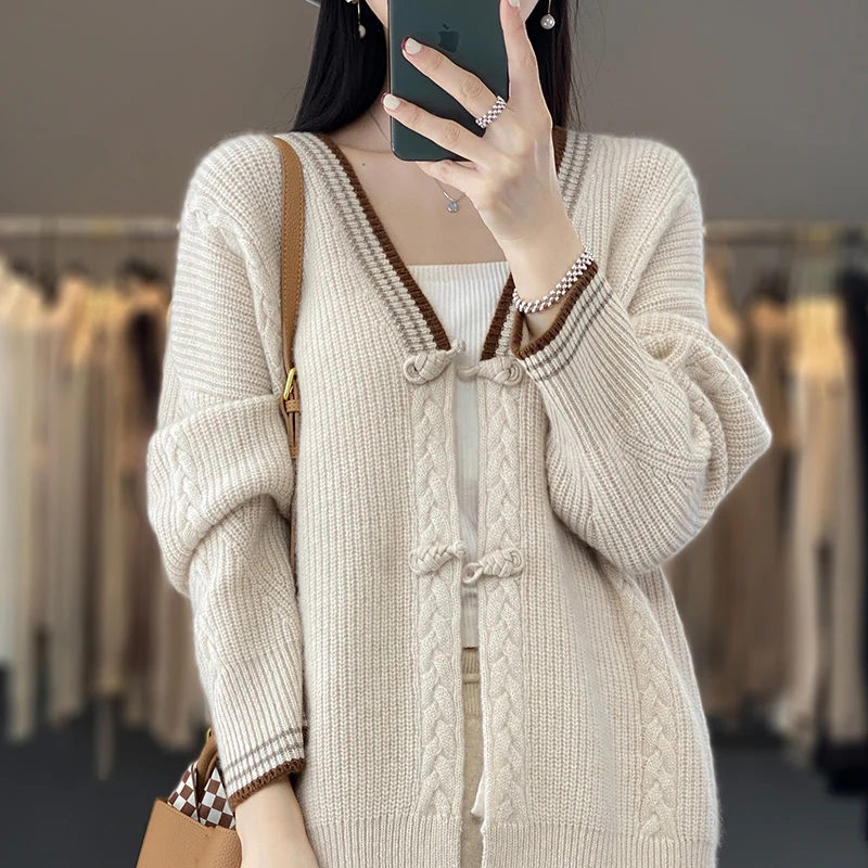 Autumn And Winter 100% Wool Long Cardigan Women\'s V-Neck Color Matching Thick Coat Sweet Strawberry Cashmere Knit Top Sweater