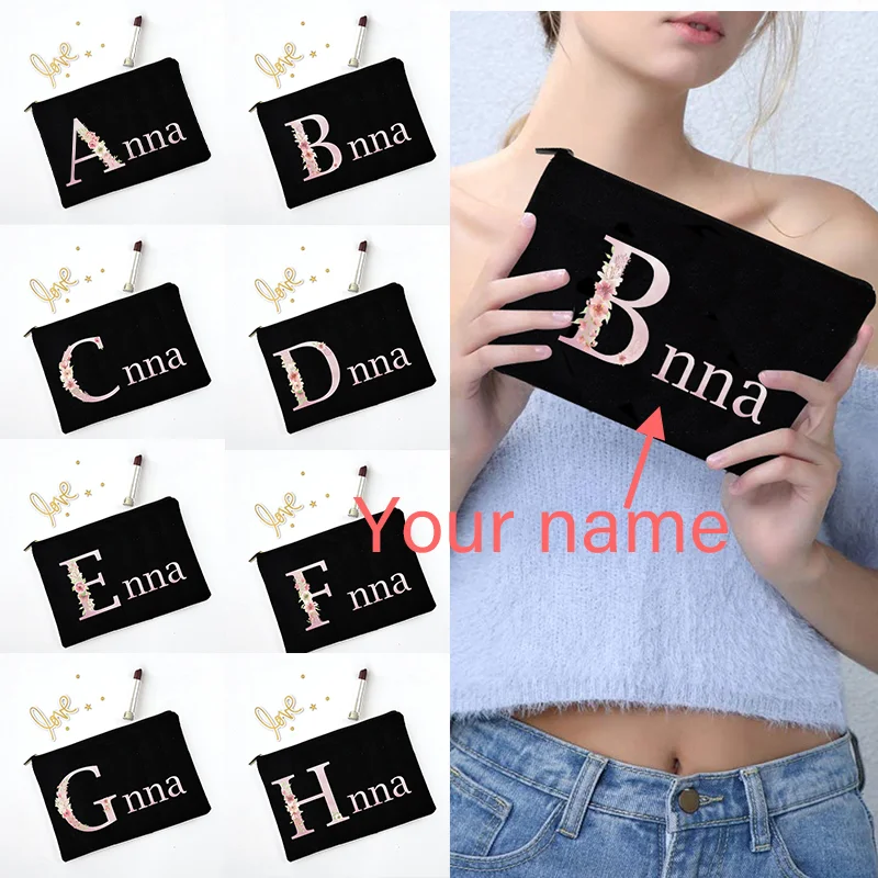 Custom Name Women Makeup Bag Black Canvas Cosmetic Cases Bridesmaid Handbag Travel Kawaii Bachelorette Party Wedding Gifts Purse