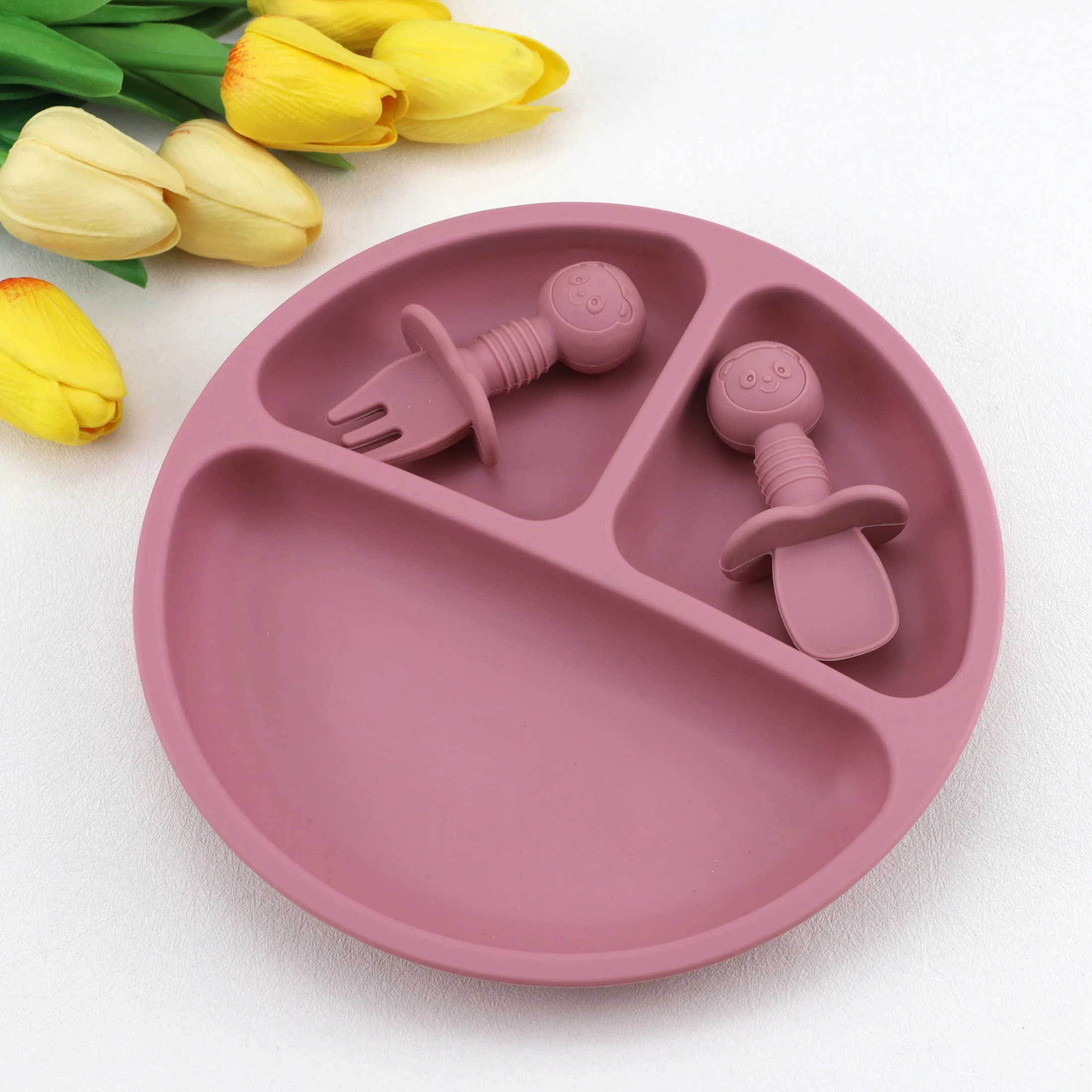 3pcs baby silicone tableware set, complementary food feeding plate, strong suction, cartoon short spoon fork, easy to grip