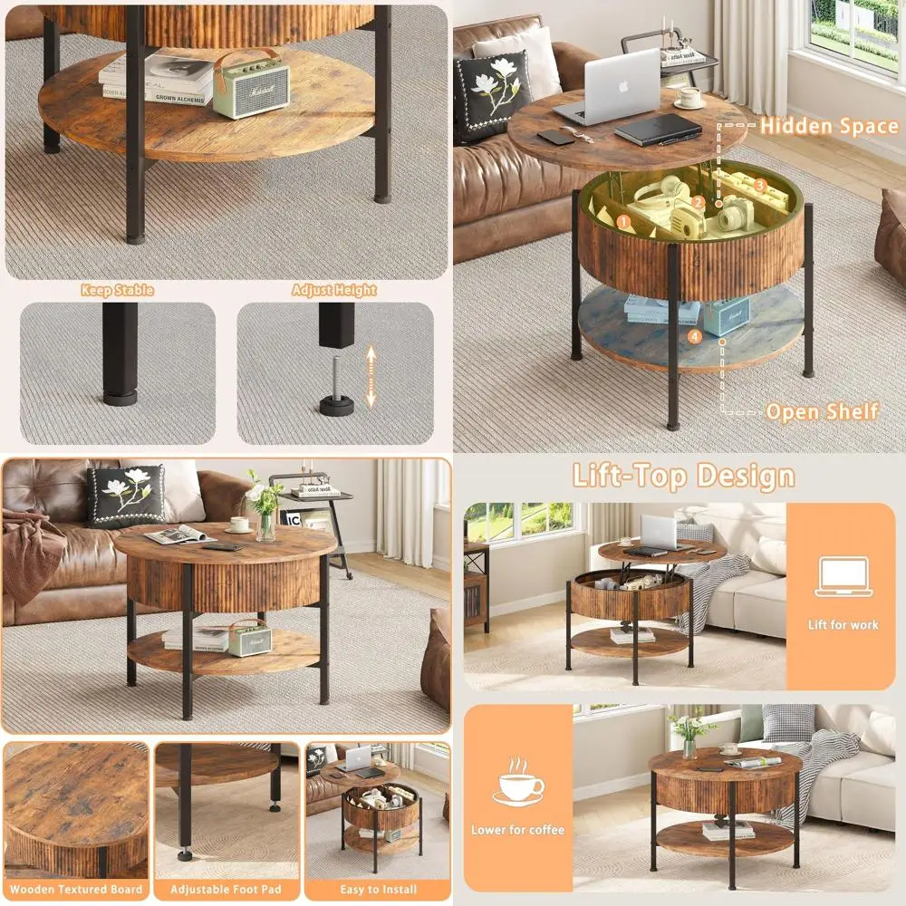 

Коричневый круглый рифленый журнальный столик с подъемной столешницей и местом для хранения вещей для гостиной и домашнего офиса