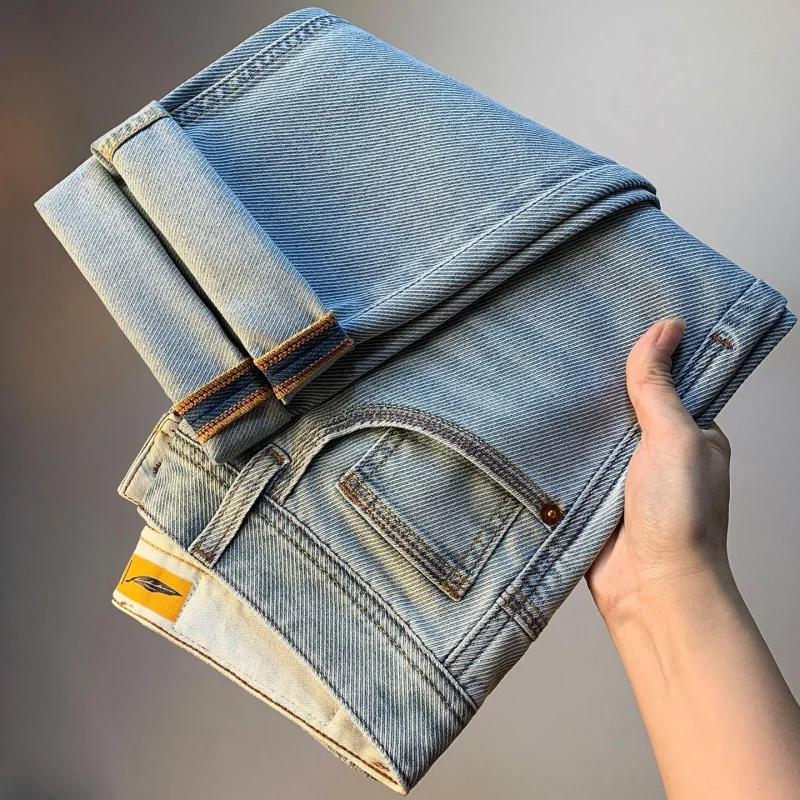 Light blue slim straight jeans for men, men's casual denim pants that are thin, breathable, elastic, and versatile for a stylish
