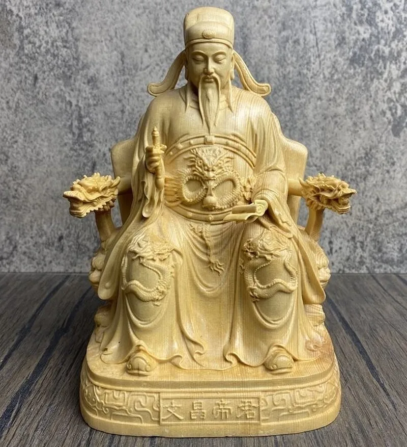 Chinese Boxwood Carved Wenchang Dijun Emperor Statue Wen Chang Wang King God
