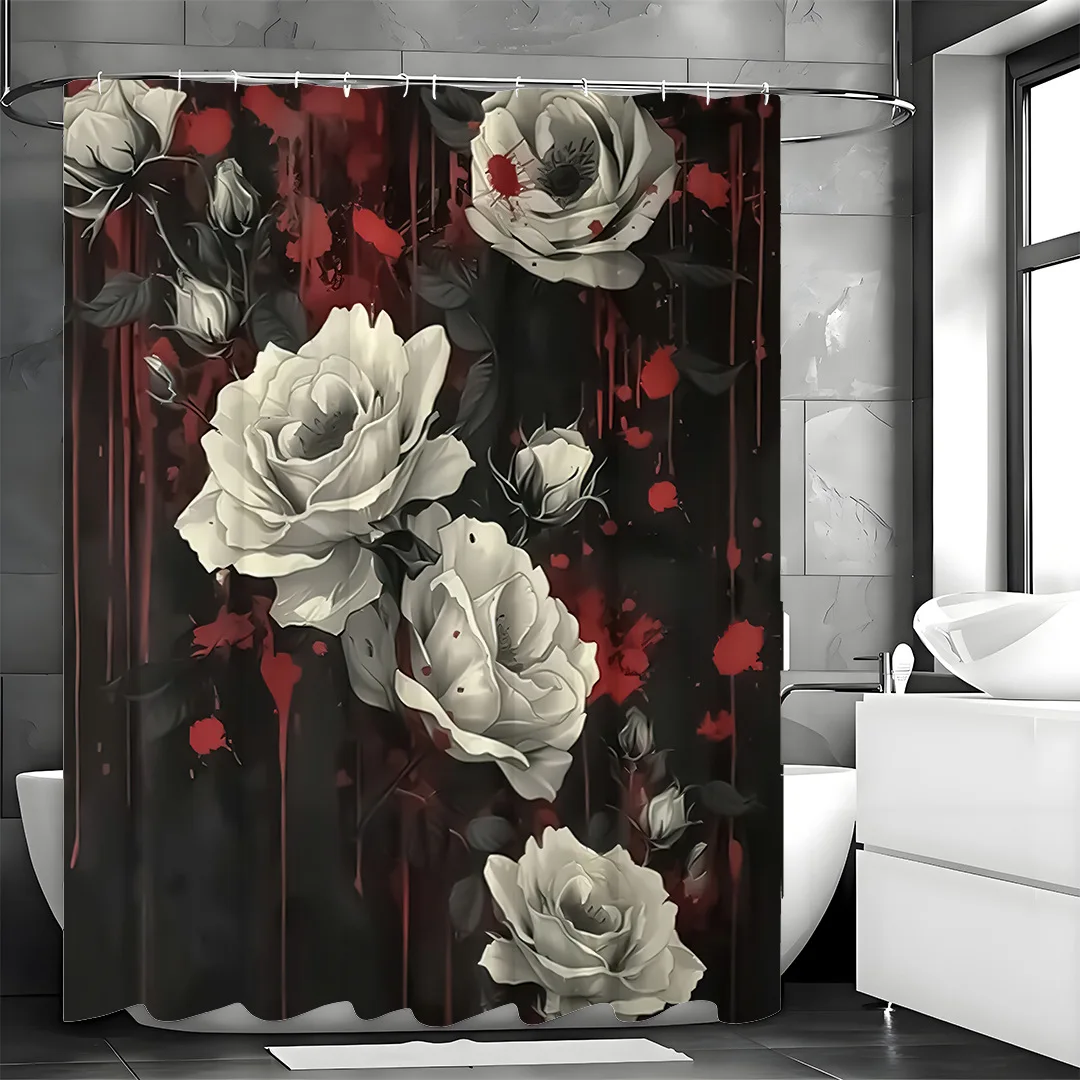 暗い血痕が付いた白いバラ-シャワーカーテン-洗える-汚れに強い-シャワーヘッド-防水-ポリエステル-バスカーテン