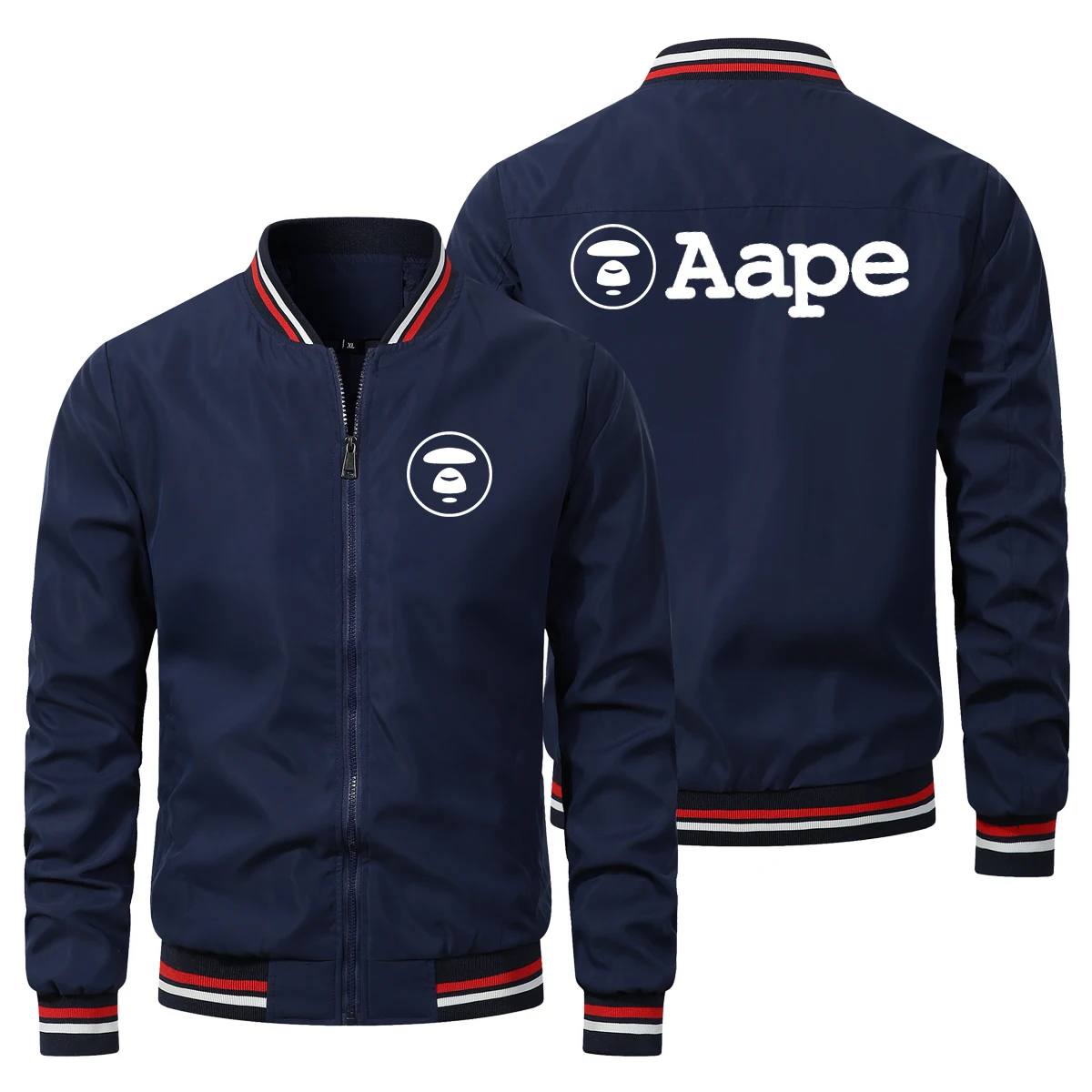 Front & Back Aape Logo Mens Zip Up Bomber Jacket Striped Rib Cuff Light Wind Resistant Casual Outdoor Sport Coat