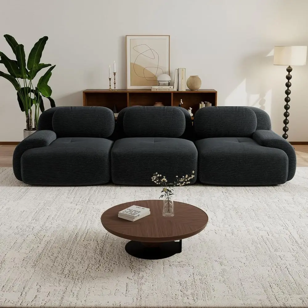 

Oversized Deep Seat Sectional Sofa, 3-Seat with Lumbar Support, Corduroy Fabric, Black, Living Room Home Theater