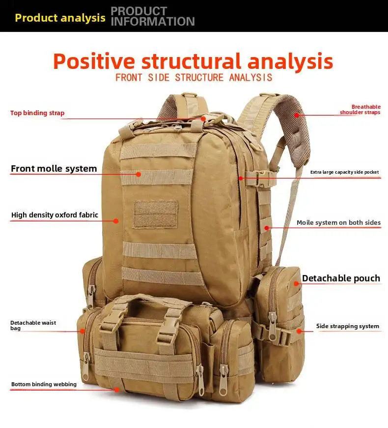 55L Camping Tactical Backpack Molle Sports Bag 4 In 1 Mens Outdoor Hiking Rucksack Assault Pack Climbing Bags Large Capacity