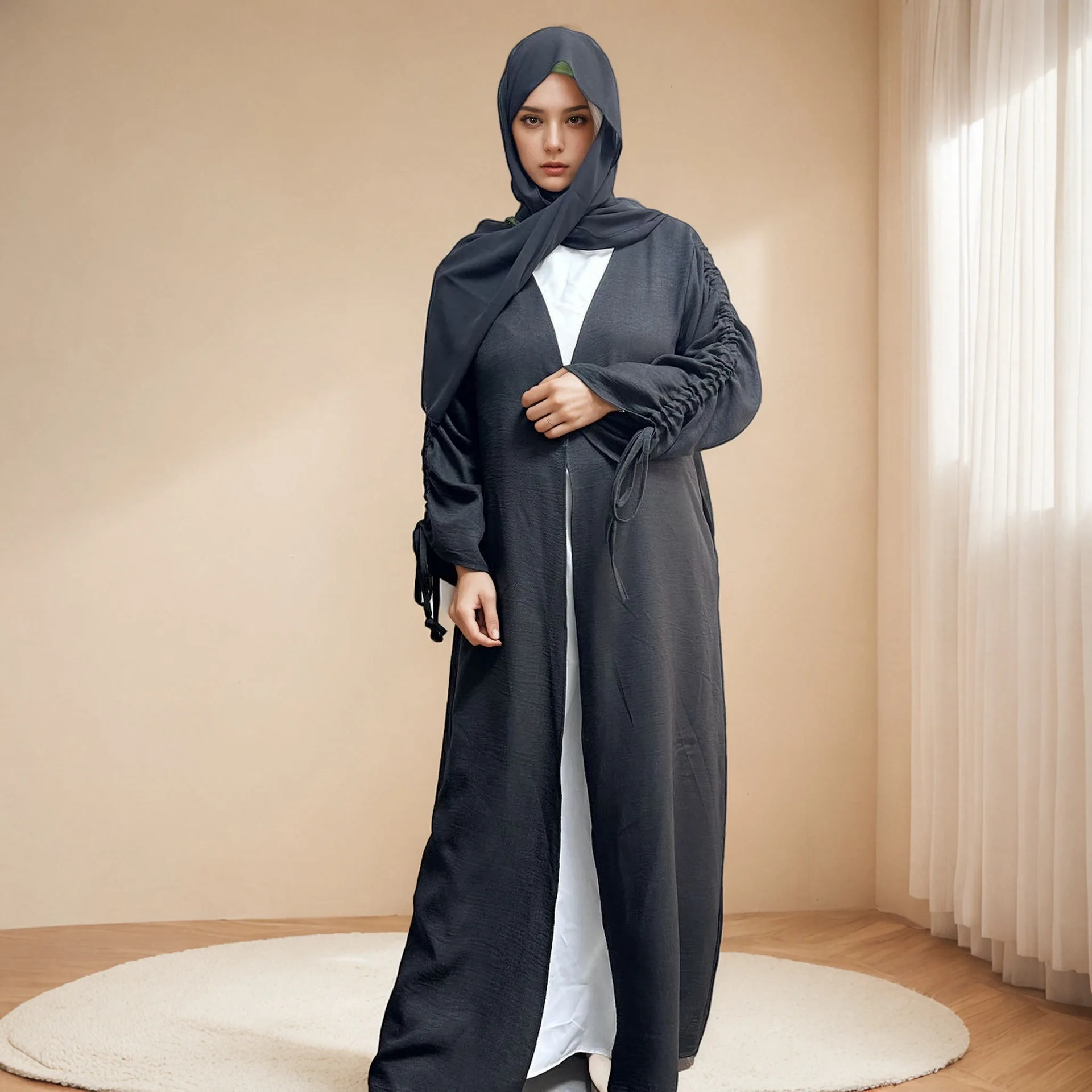 New Bow Kimono Cardigan Women Muslim Maxi Dress Dubai Open Abaya Eid Djellaba Turkey Kaftan Islam Jalabiya Caftan Marocain Robe
