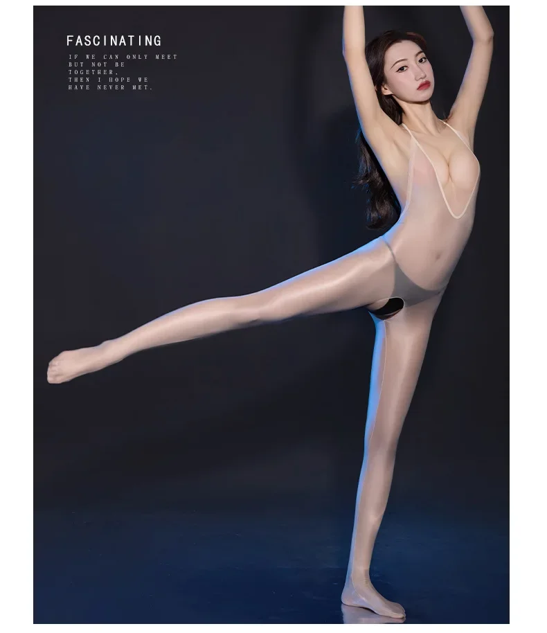 新しいセクシーな光沢のあるオープンクロッチディープ V ネックボディスーツオイル光沢のある薄手のシースルータイツ背中の開いたワンピースボディストッキングレオタード