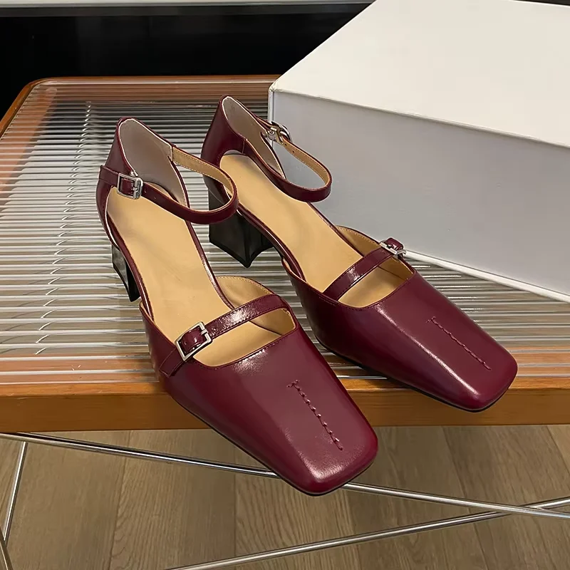 Woman Pumps Mary Jane Shoes  Round Toe Spring Atumn Patent Leather Pumps One Strap Med Heel Elegant Women Round Toe Shoes