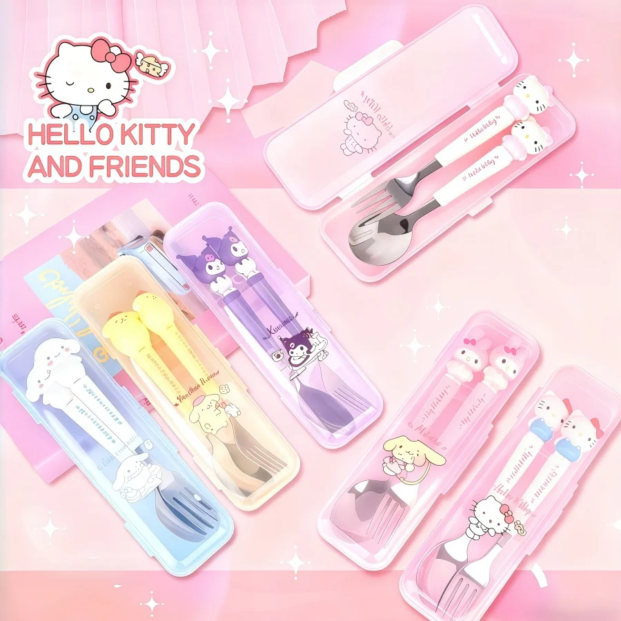 Conjunto de garfo e colher de aço inoxidável, 2 unidades/conjunto, talheres portáteis e reutilizáveis da Hello Kitty, escolha perfeita para presentes de Natal