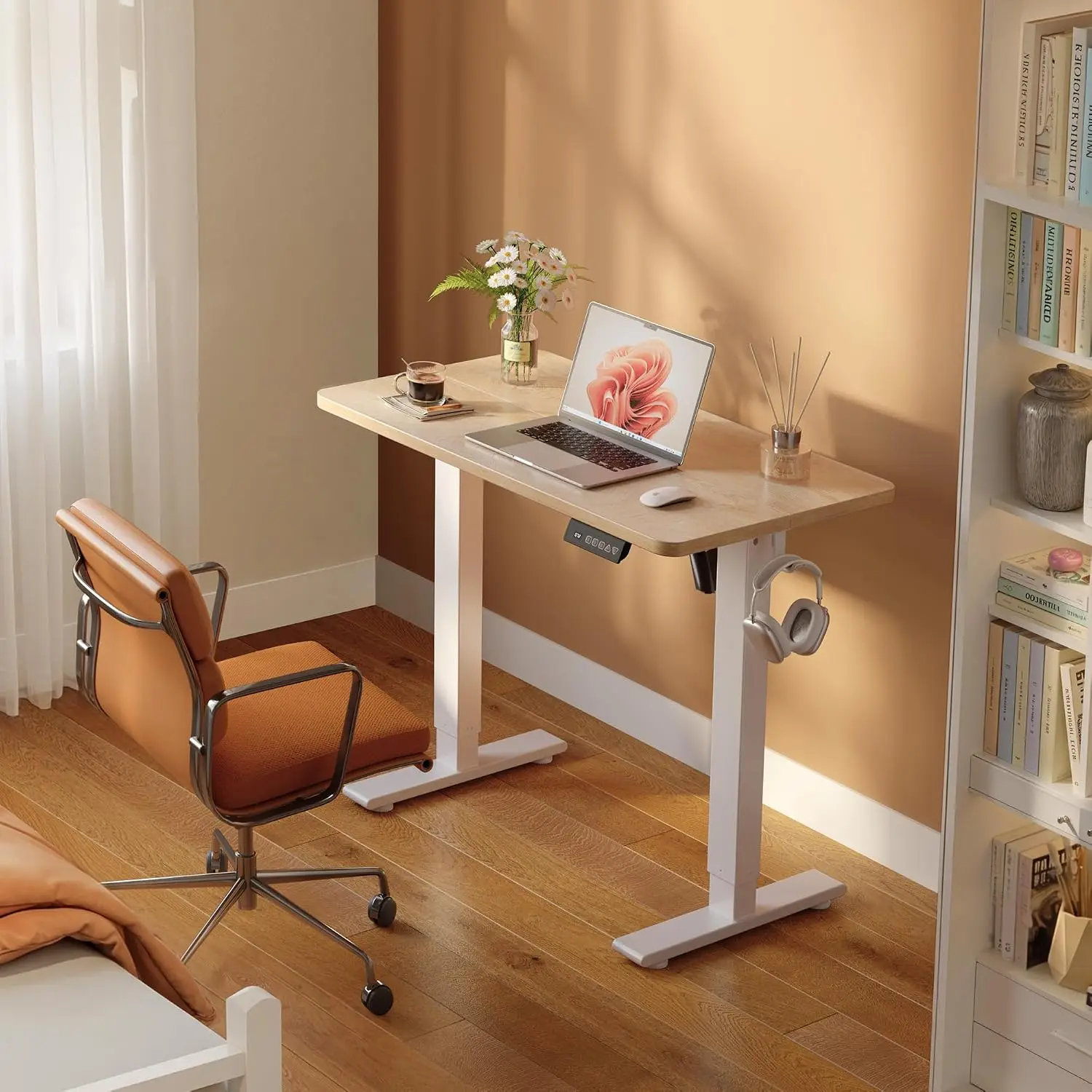 Standing Desk Electric Height Adjustable Desk Small Sit Stand Desk for Home Office with Splice Board White Frame Maple Top