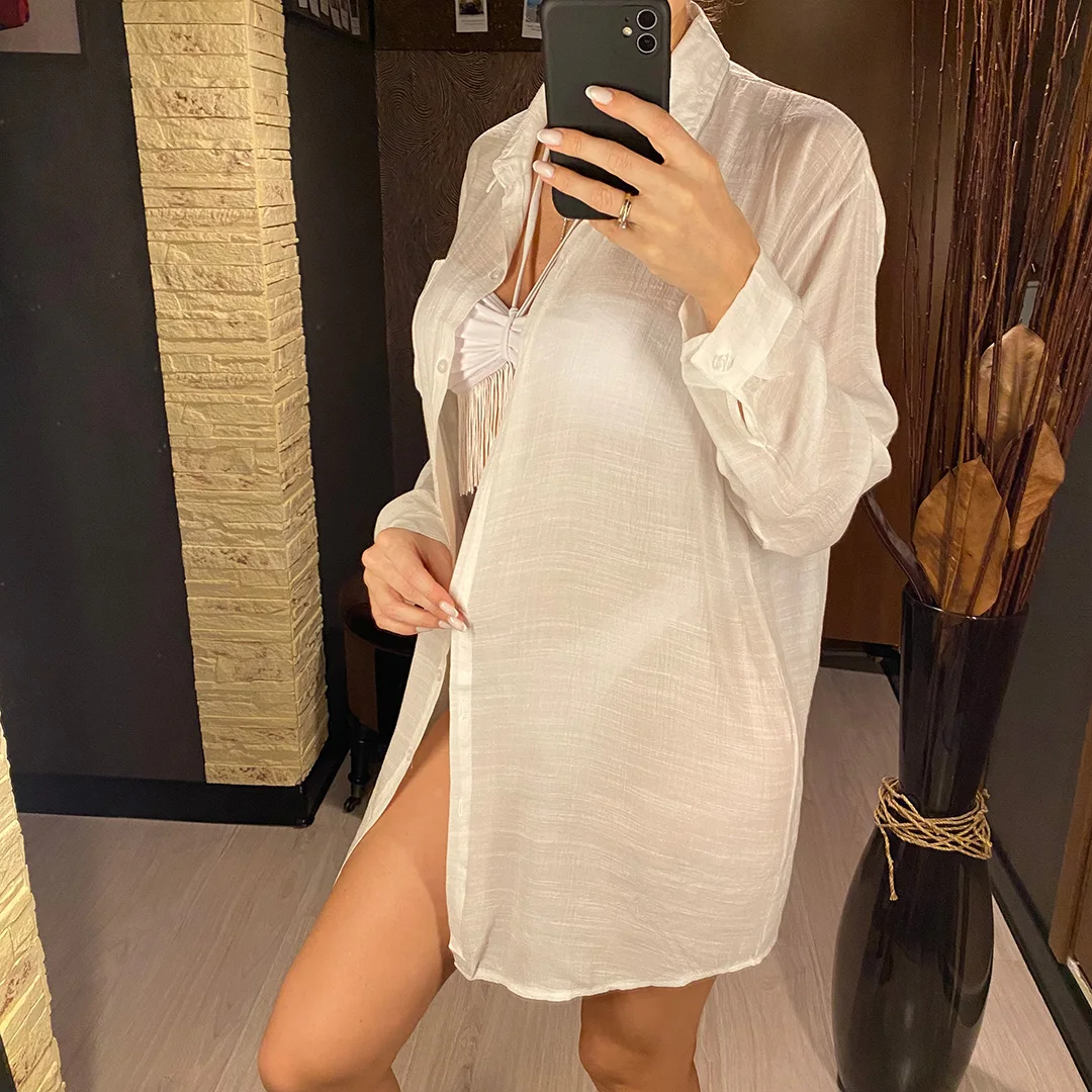 Neues Langarm-Hemd, Tunika, Strandkleid, Strandbekleidung, Strand-Cover-Up, lässiges Oberteil, weißes Pareo, Damen, V4157 – Detail 6