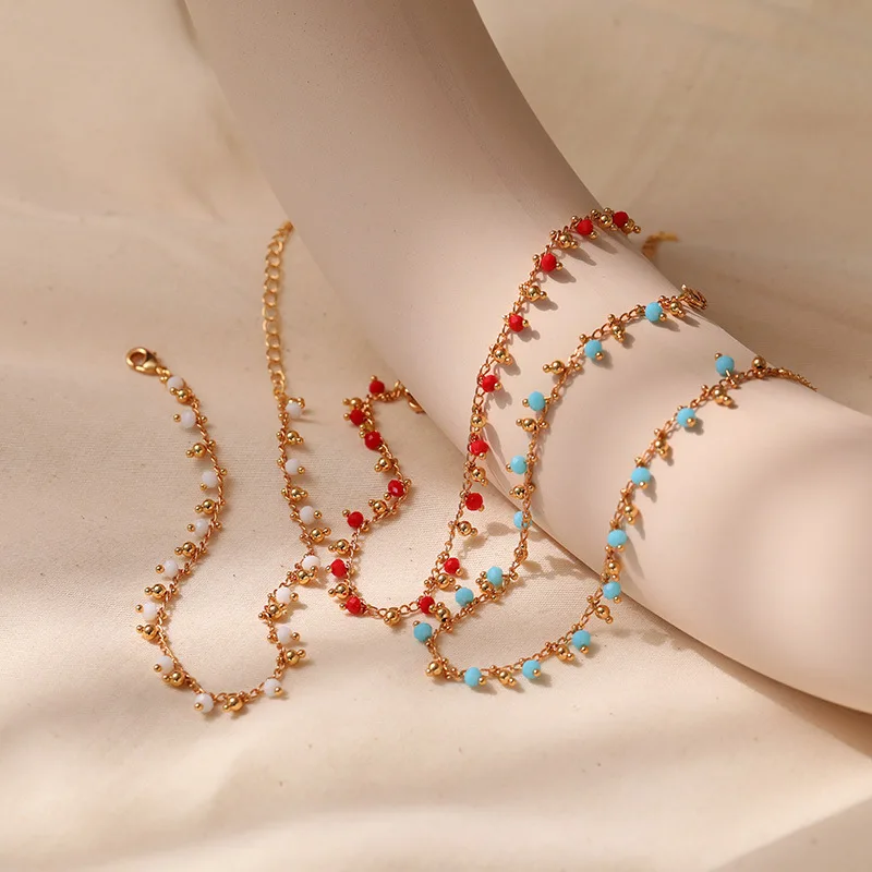 

18K Gold Plated Adjustable Metal Chain Summer Waterproof Red Blue White Beads Women Anklets Ethnic Style Jewelry For Tennis
