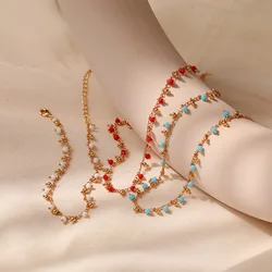 18K Gold Plated Adjustable Metal Chain Summer Waterproof Red Blue White Beads Women Anklets Ethnic Style Jewelry For Tennis