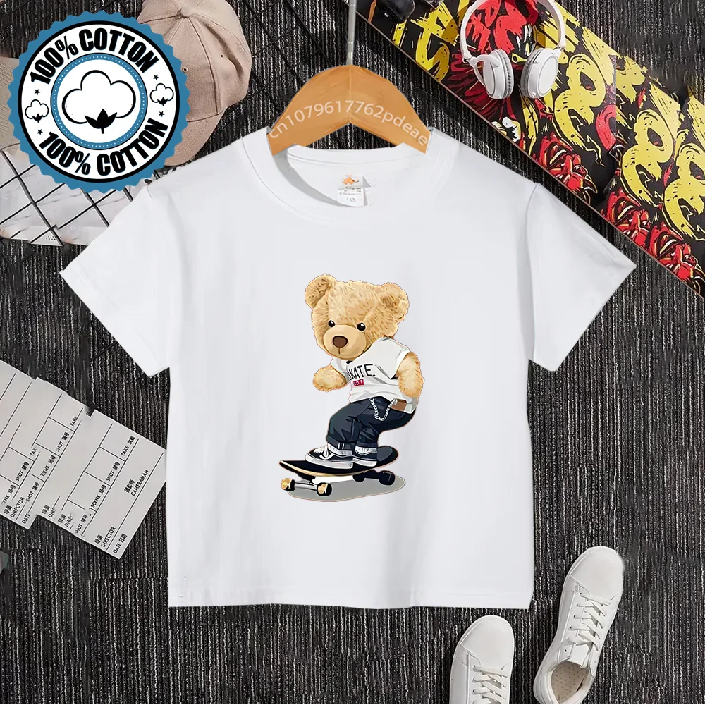 Kids Summer Creative Skateboard Bear Print 100% Cotton T-shirt Boys Girls Comfortable Casual Short sleeve teen top Cotton T-shir