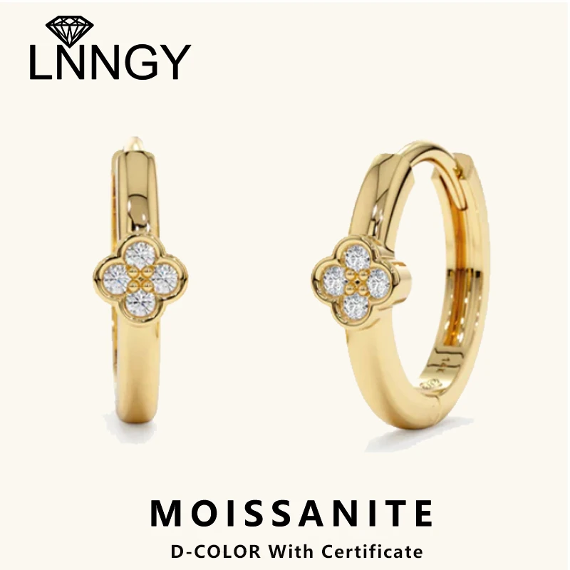 

Lnngy 2MM Moissanite Diamond Earring Oorbellen Zilver 925 Sterling Silver Lucky Clover Hoop Earrings For Women Jewelry Gift