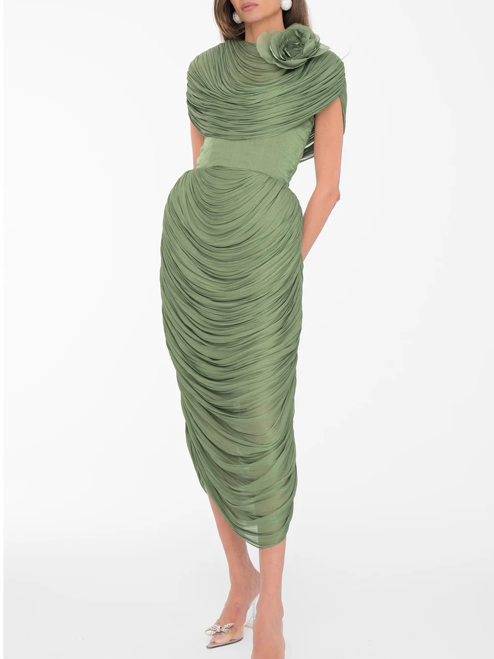 Modphy Elegant Spliced Shawl Long Dress for Women Sleeveless High Waist Patchwork Folds Dresses Female New