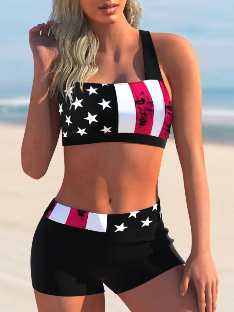 Color Stripe Split Swimsuit Suit Slim Quick-dry Print Bra High Waist And Bra Lace Boxer Two-piece Suit