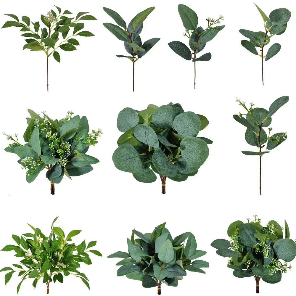 1/10 pçs planta artificial eucalipto folhas hastes de vegetação com flor plantas falsas presente decoração para casa festa de casamento ornamento