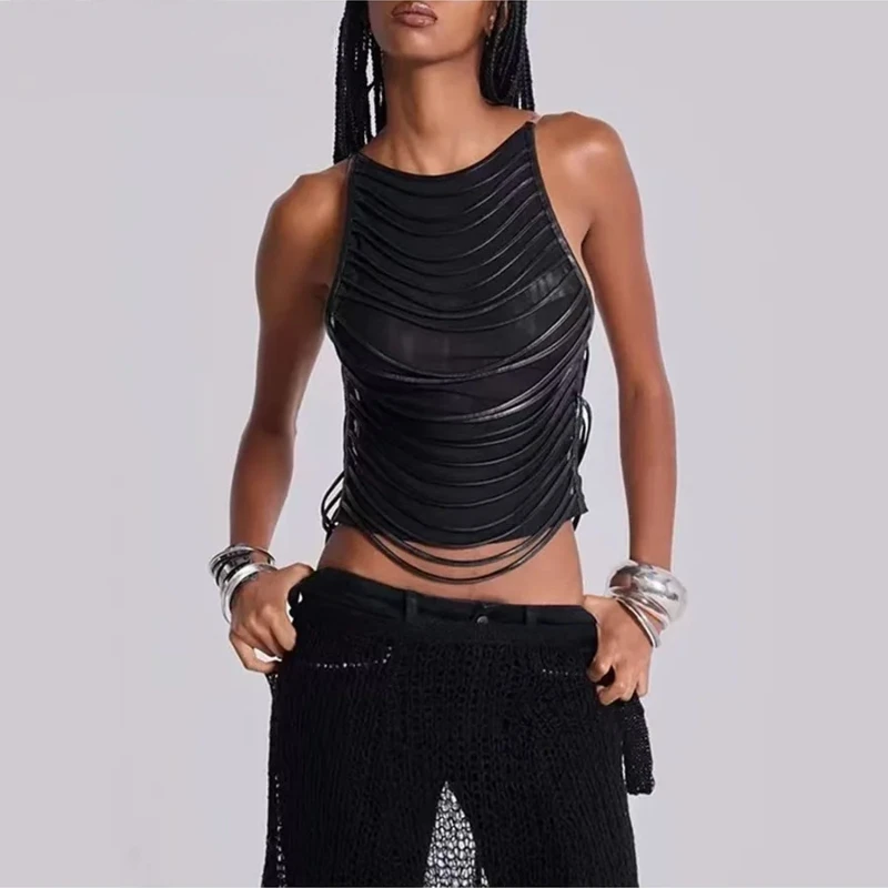 

Solid Slimming Minimalist Vests For Women O Neck Sleeveless Temperament Spliced Tassel Vest Female Fashion Style