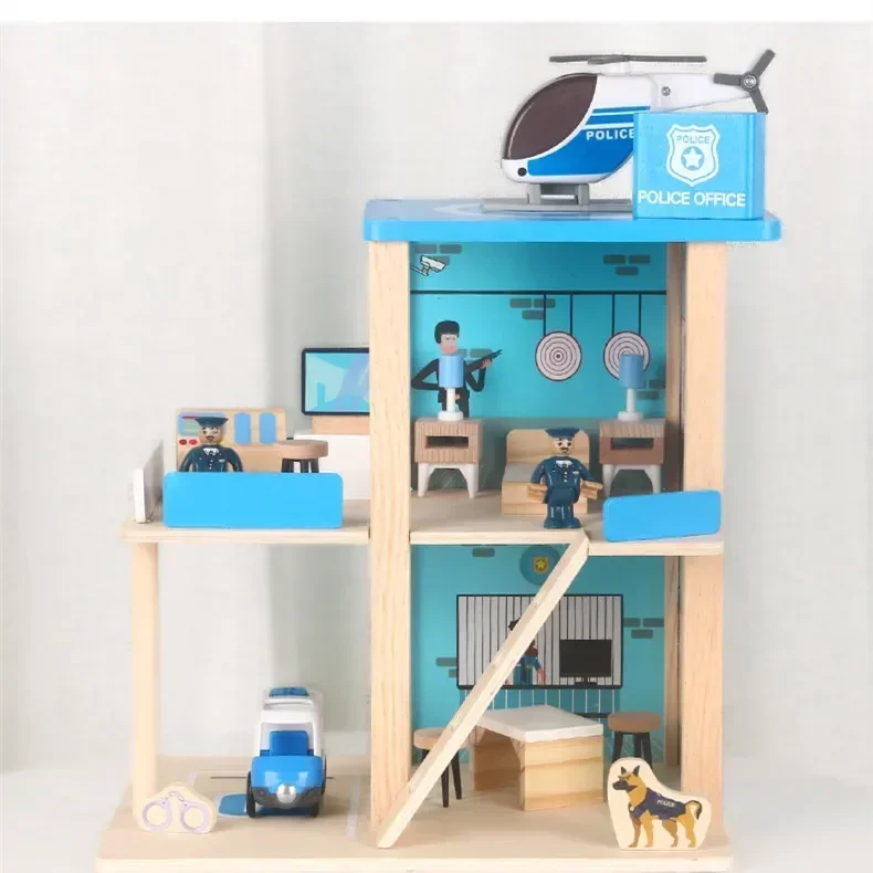 Holz Feuerwache Polizeistation Puppenhaus Hubschrauber Spielhaus Puzzle Interaktives hochwertiges Spielzeug Geburtstagsgeschenk