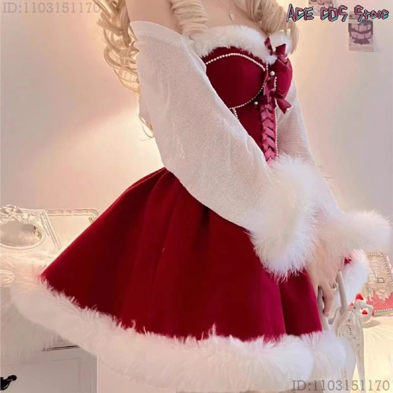 Lovely Christmas New Year Party Red Maid Lolita Dress Kawaii Halloween Make up Princess Skirt XMAS Women Santa Claus Outdit Suit