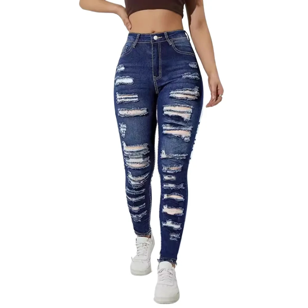 Casual Jeans Women High Waist Skinny Ripped Hole Elastic Stretch Jeans Women Blue Pencil Denim Pants Plus Size S-2XL