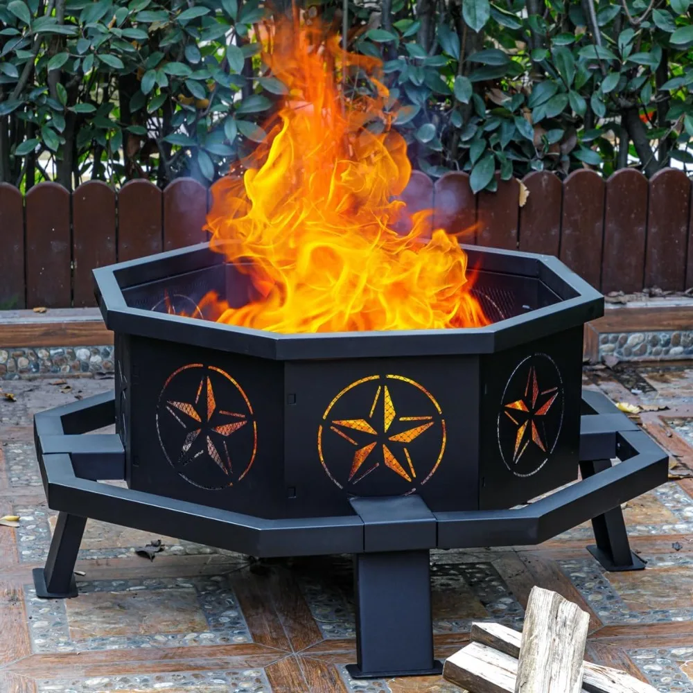 35 inch octagonal fire pit, wood burning, campfire fire pit, outdoor fire pit, camping, backyard, patio，Black