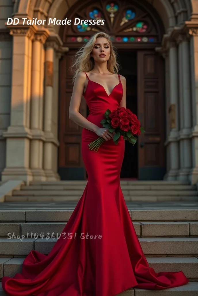 Robe de mariée sirène rouge classique, bretelles Spaghetti, en Satin, Simple, sans manches, dos nu, robe de réception personnalisée