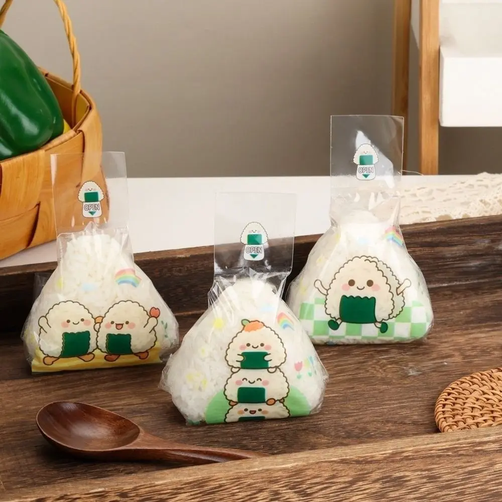 100pcs New Cartoon Pattern Rice Ball Packing Bag Disposable Fresh Keeping Rice Ball Bag Triangle Onigiri Wrapping Bag for Travel