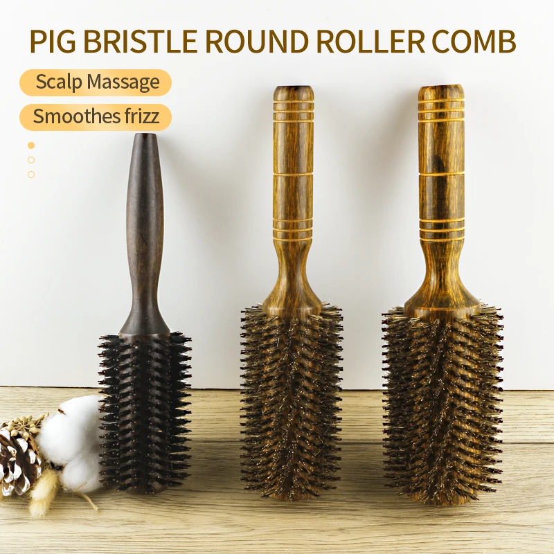 Professional Boar Bristle Round Hair Brush For Women Men Hair Styling Comb Hairdressing Wood Round Brush Barber Accessories