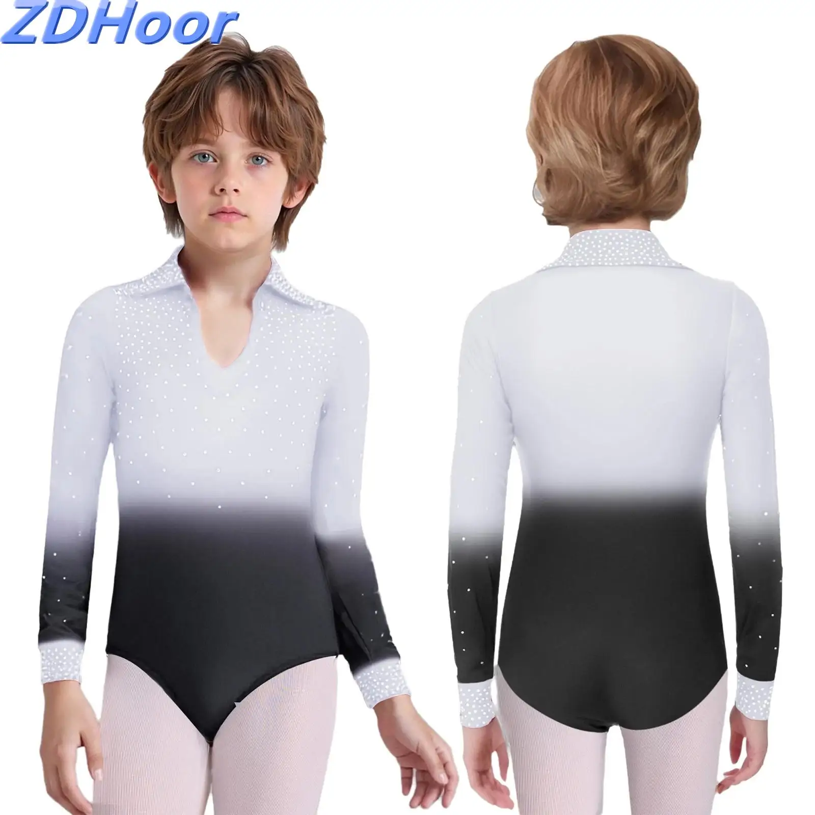 

Kids Boys Gymnastics Dance Leotard Performance Costume Turn-Down Collar Long Sleeve Shiny Rhinestones Gradient Color Dancewear