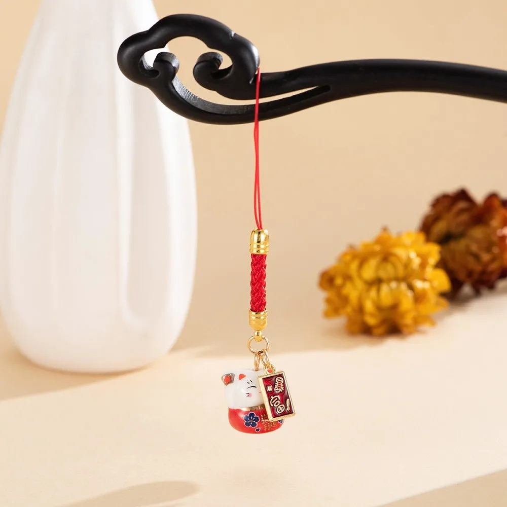Chinese Style Ceramic Lucky Cat Phone Charms Fortune Trinket Maneki Neko Phone Chain Cartoon Metal Fortune Cat Key Chain