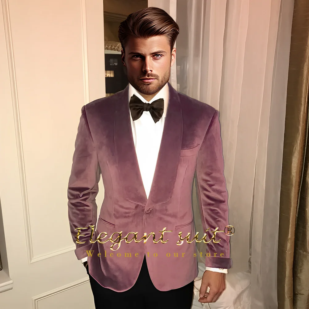 

Men's high quality velvet shawl collar jacket and black trousers 2 piece suit, suitable for party wedding dinner groom tuxedo