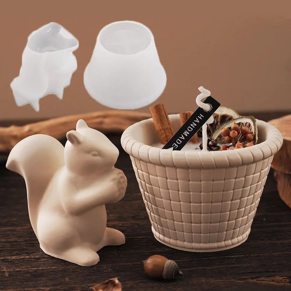 3D Squirrel Pinecone Storage Box Mold Kit Bamboo Basket Scented Candle Jar Gypsum Resin Storage Cup Concrete Pots Casting Mould