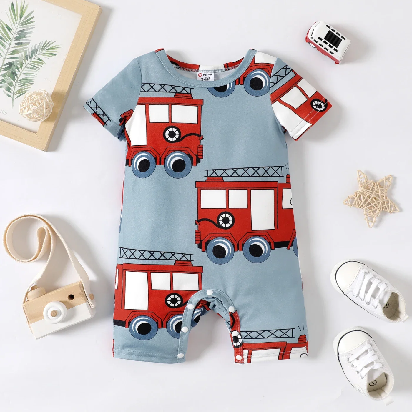 PatPat Baby Boy Allover Fire Engine Print Short-sleeve Romper Suitable for Summer Season Soft and Comfortable