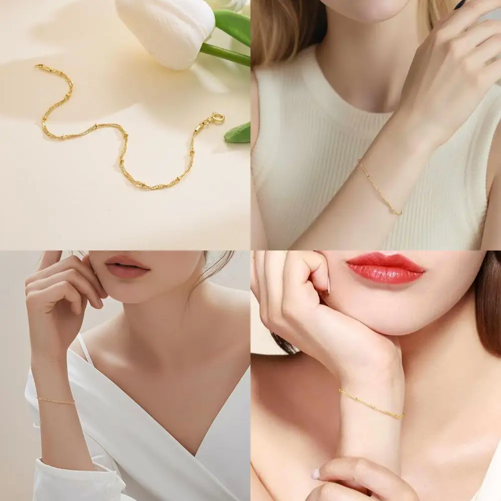 

Stylish 14K Gold Twisted Bead Bracelet for Women, Singapore Chain Design, 17-21cm Adjustable Length