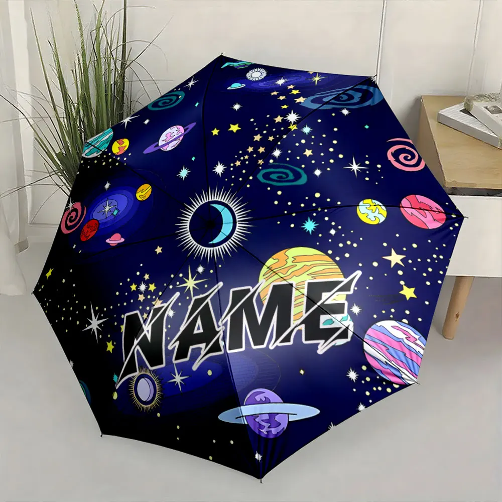 Custom Name Umbrella, Colorful Cosmic Galaxy Design with Planets and Stars Umbrella Folding Umbrella for Sunny and Rainy,Gift