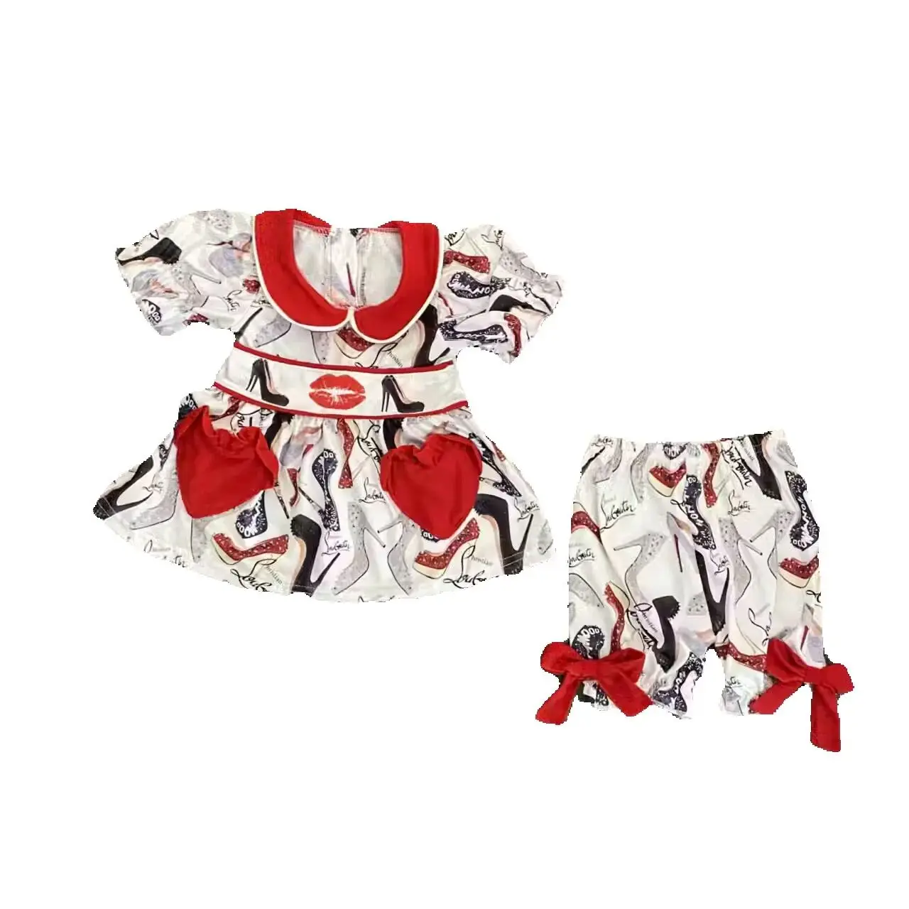 Venda quente amor bolso design pijamas boutique roupas de bebê terno de manga curta personalizado leite seda