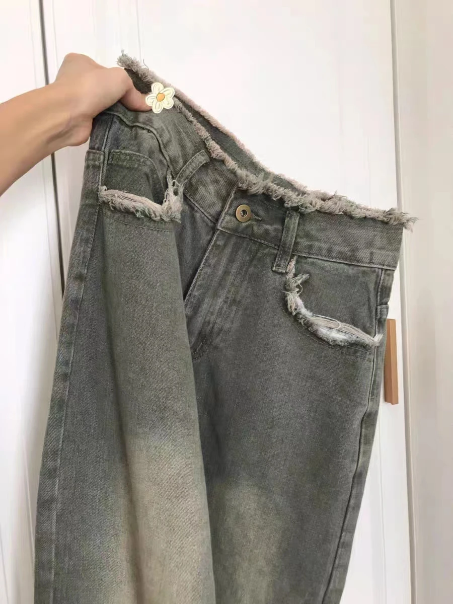 

plus Size Wide Leg Denim Jeans Women's High Waist Straight Leg Frayed Hem Bootcut Pants for Pear Shaped Body Spring Autumn Sl...
