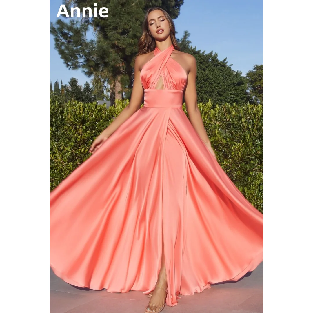 

Annie Silk Satin Wedding Dress Sexy Backless Side Slits Elegant Prom Dresses A-Shape Cocktail Dresses Vestidos De Fiesta