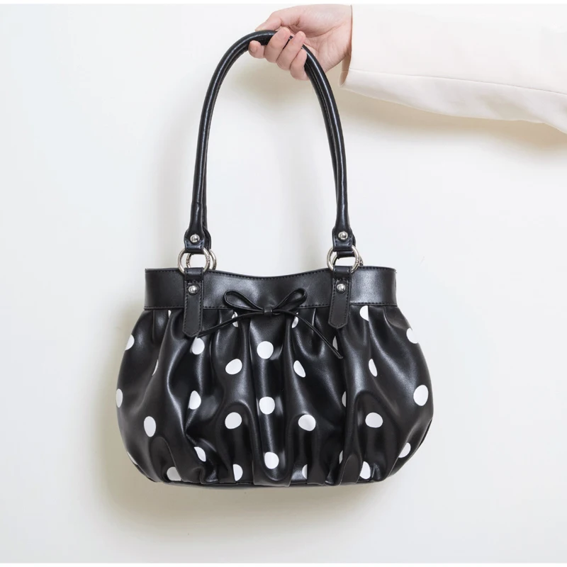 

Retro Japanese Polka Dot Tote Bag, Casual Simple Butterfly Bow Design, Black White Single Shoulder Small Bag For Women