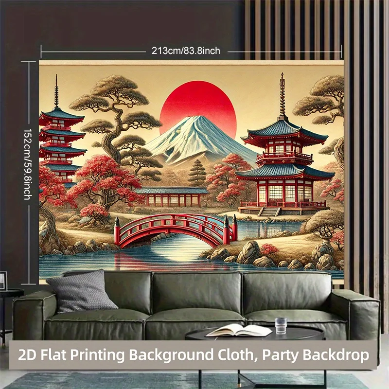Japanese Ukiyo-e Mount Fuji Red Sun Pagoda Bridge 2D Flat Tapestry Backdrop For Living Room Decor Asian Art Wall Hanging Print