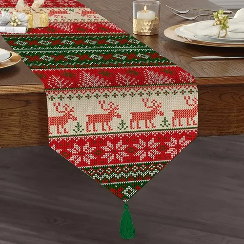 RealHomes Christmas Reindeer and Trees Printed Decorative Tassels Chenille Triangle Runner