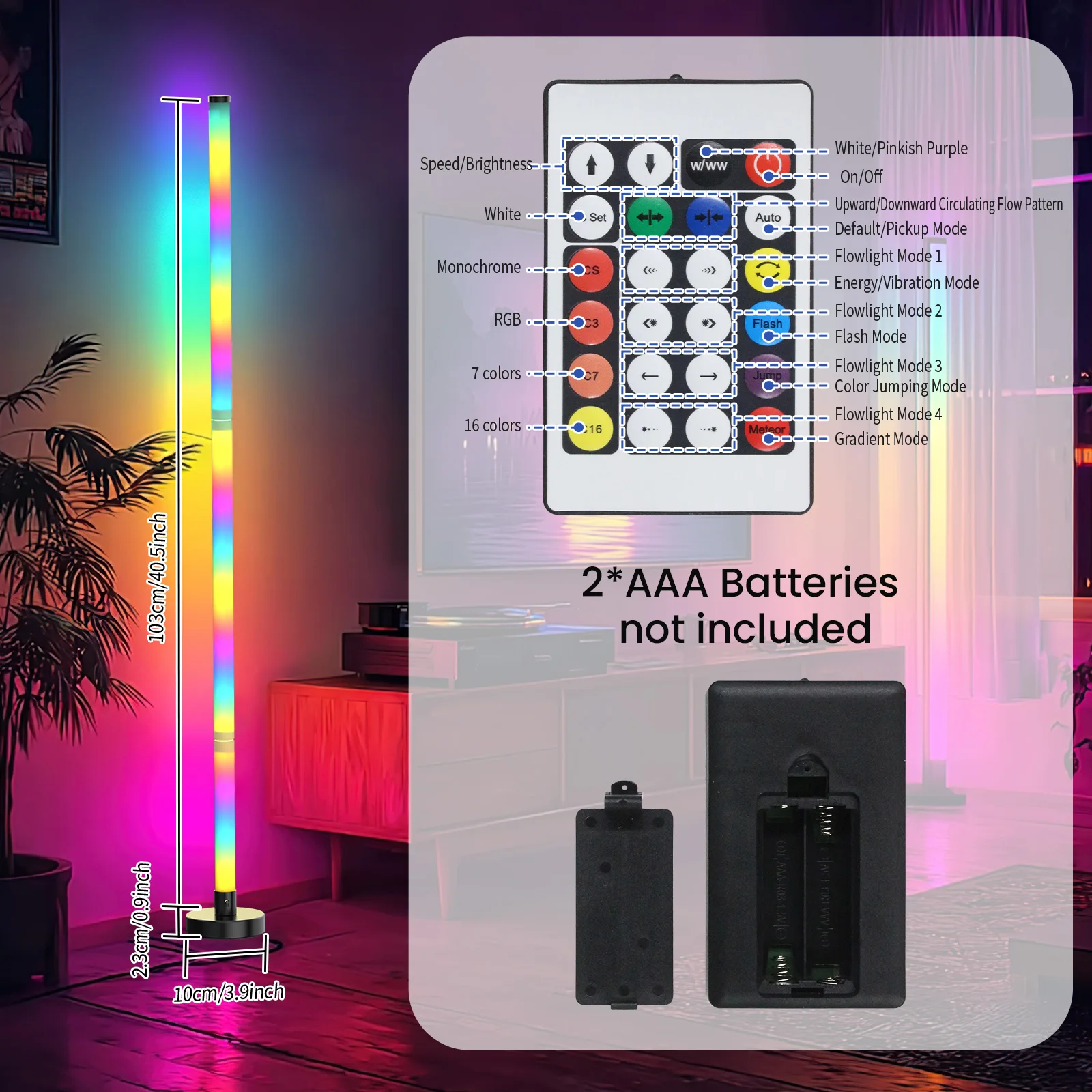 

Угловой напольный светодиодный светильник RGB, 16 миллионов настраиваемых цветов и 68+ динамических сценариев, синхронизация с музыкой, электронная лампа с USB-интерфейсом