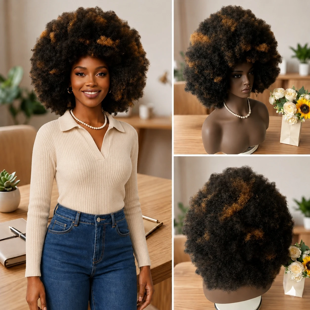 

70S Retro Afro Wig For Black Women,Large Size Fluffy Curly Hair Wig For Daily Wear Disco Party Cosplay,Highlight Brown,16 Inch