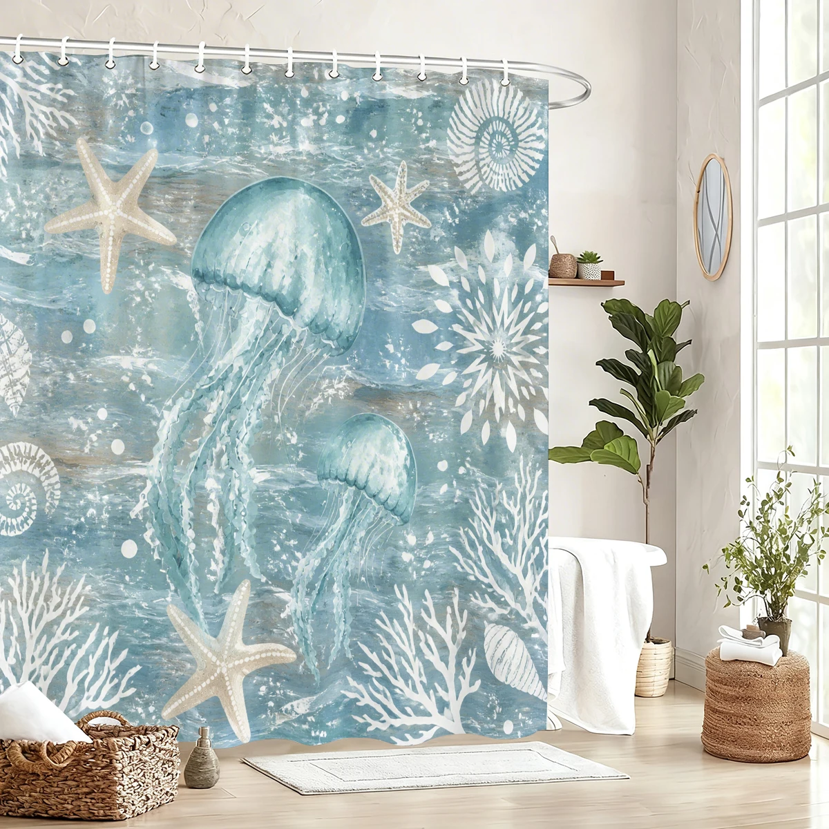 Ocean Themed Polyester Bathtub Curtain - Vivid Underwater & Beach Scene Printed Bathroom Decorative Curtain