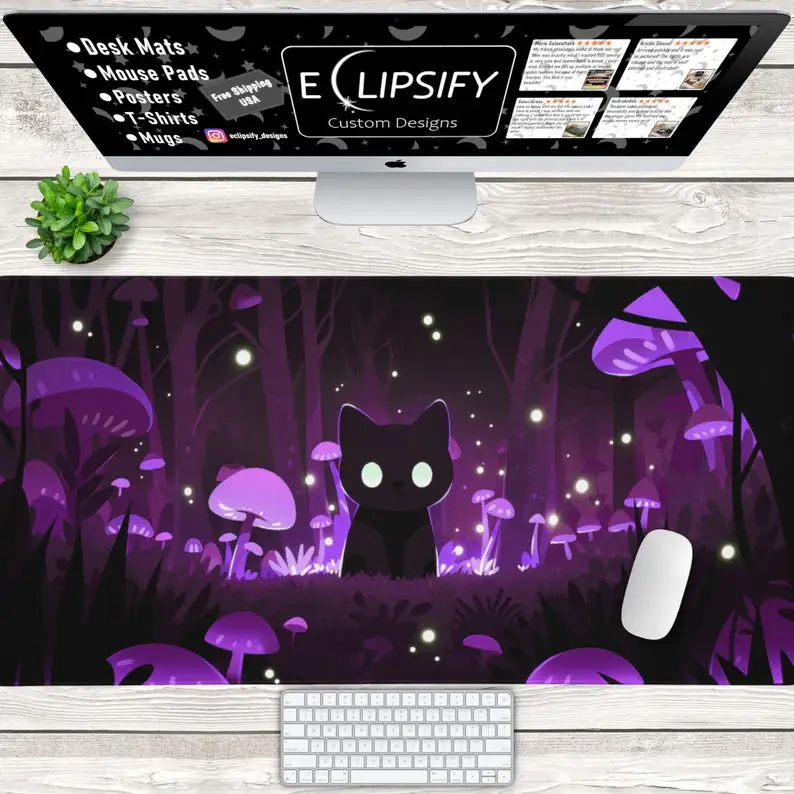 

Коврик для мыши с черным котом Kawaii Cute Cat Purple Pink Cottage Core Настольный коврик Mushroom Core Gamer Коврик для мыши Игровой коврик 900x400 Коврики для мыши